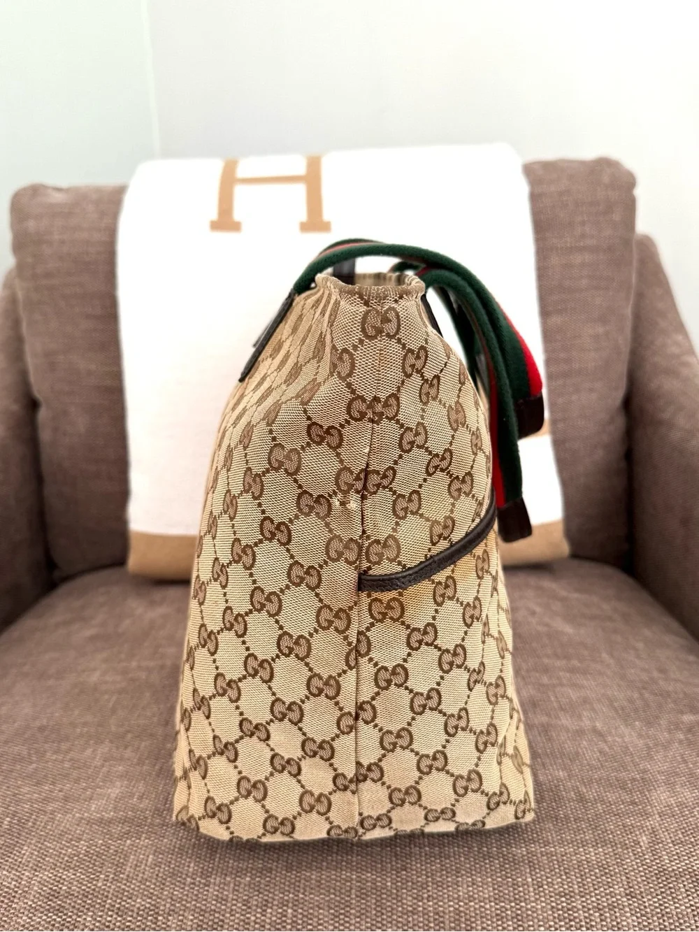 Gucci authentic tote bag brown monogram canvas diaper bag red green handles